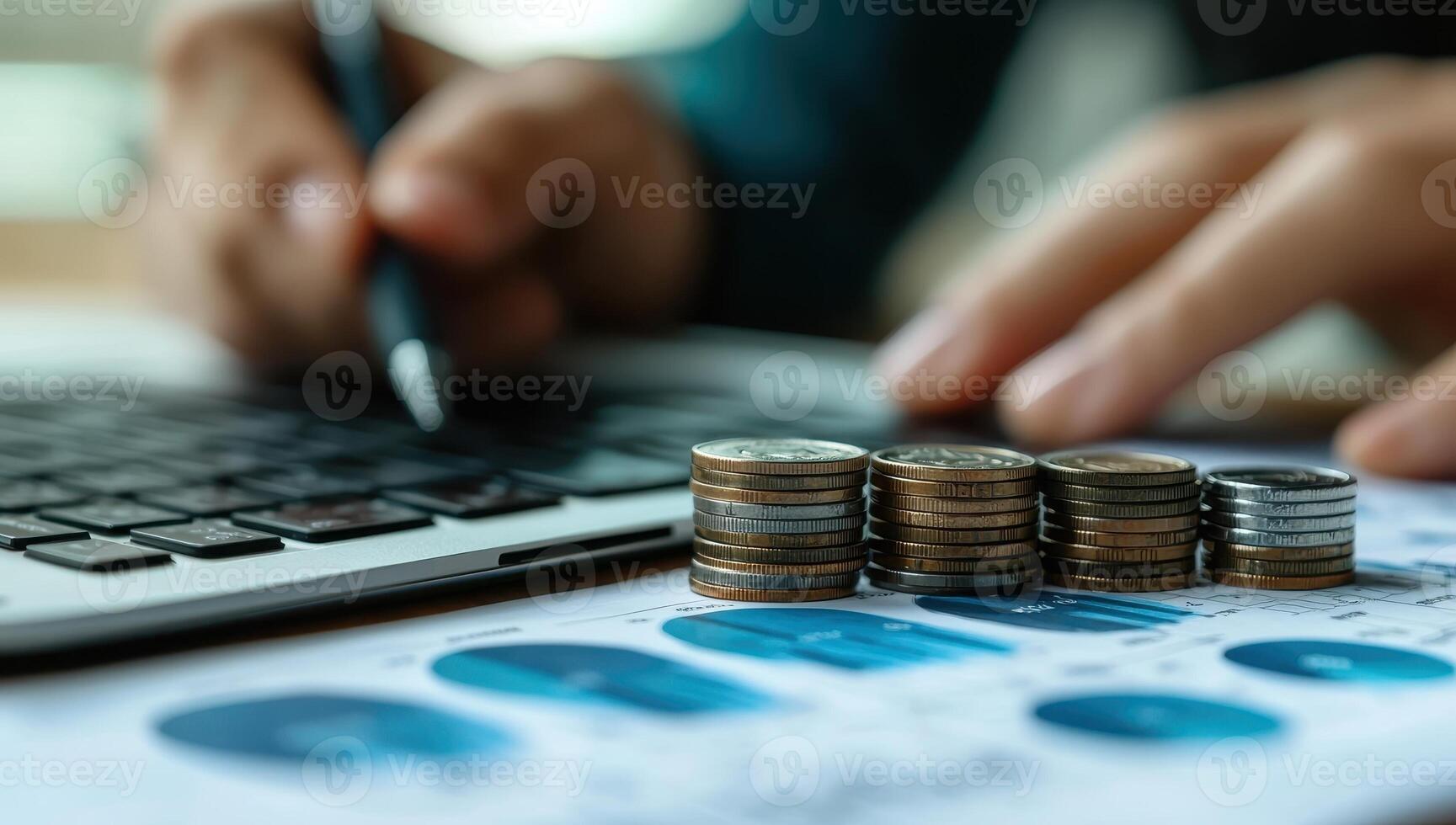 Financial growth concept with increasing coin stacks and business analysis, depicting investment, savings, and profit. photo