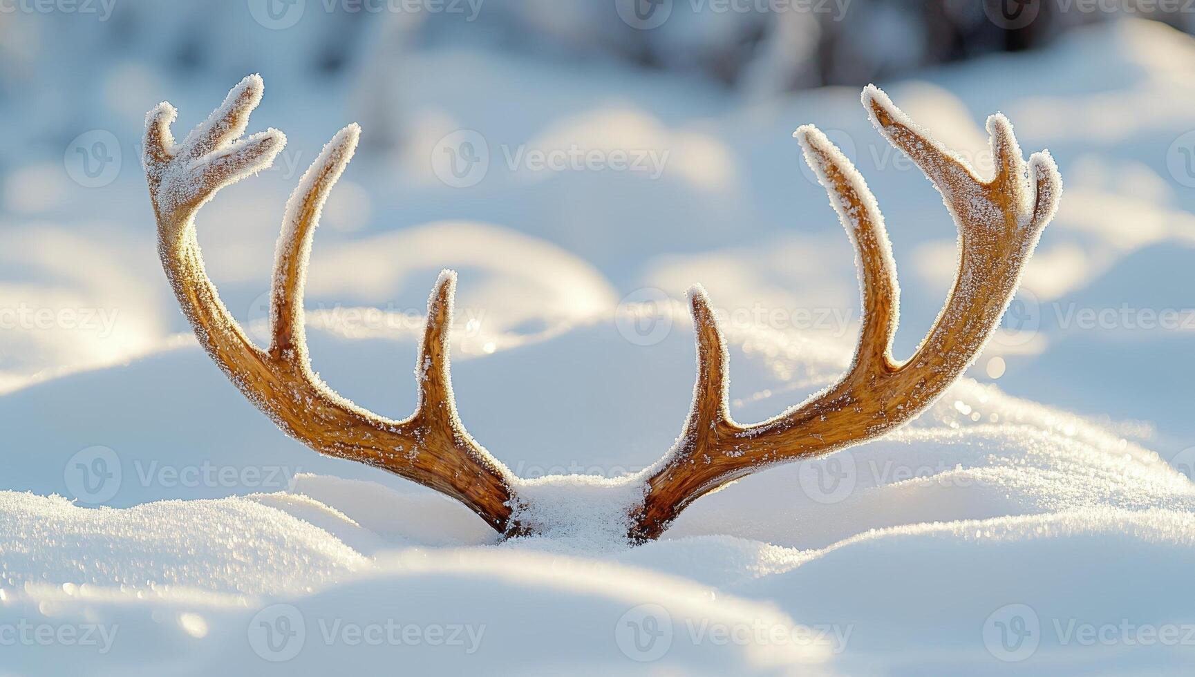 Antlers emerging from snow in a winter landscape. Concept of wildlife and nature. photo