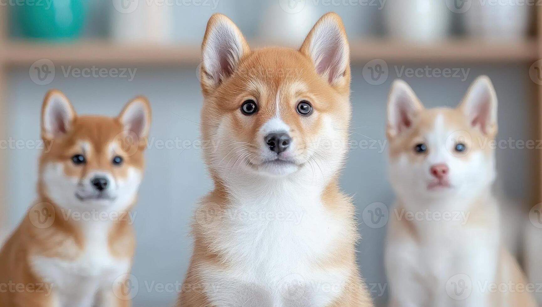 Three adorable Shiba Inu puppies posing. Concept of pets, cuteness, and companionship. photo