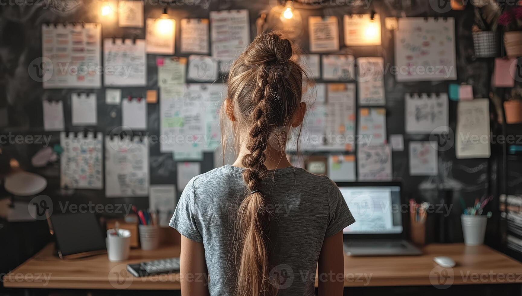 A girl working at a desk with notes and a computer. Concept of creativity and productivity. photo