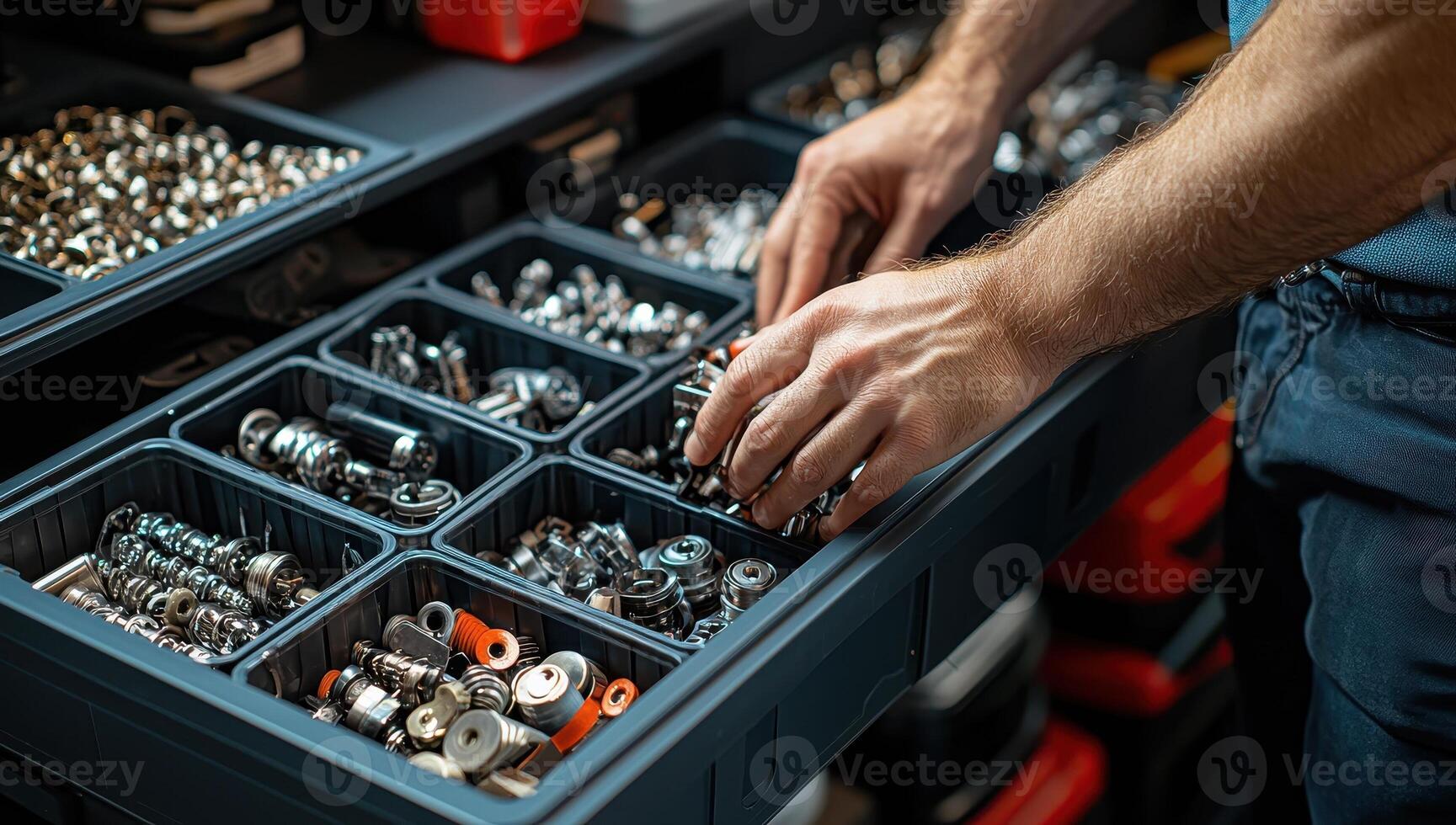 Close up of a mechanic hands sorting through a toolbox drawer filled with various nuts, bolts, and fasteners. Concept of organization, repair, workshop. photo
