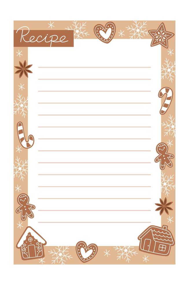 Blank recipe card for Christmas gingerbread cookies decorated with gingerbread and snowflakes vector