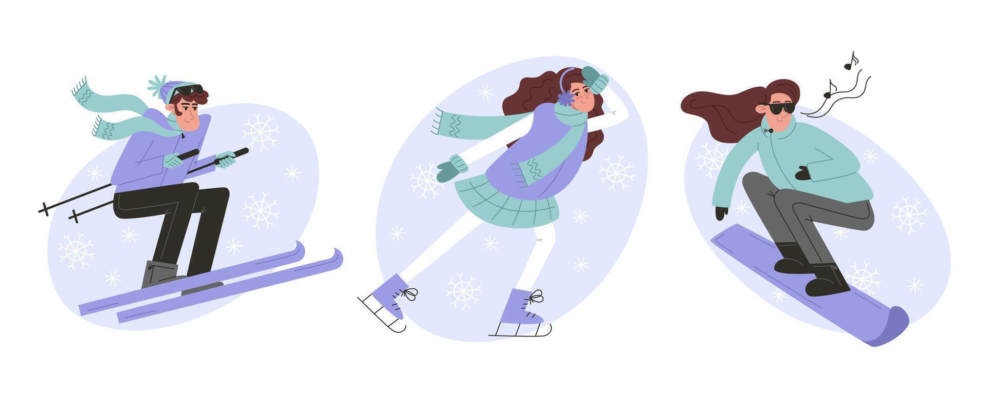 Set of winter sports activities with skiing, ice skating, and snowboarding vector