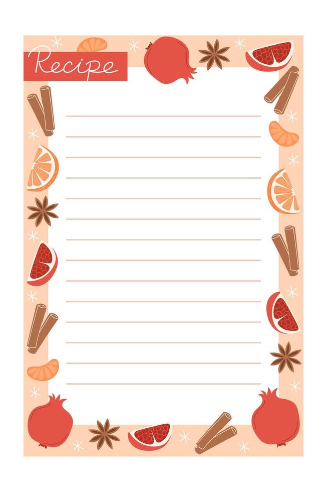 Blank recipe card decorated with winter fruits and spices vector