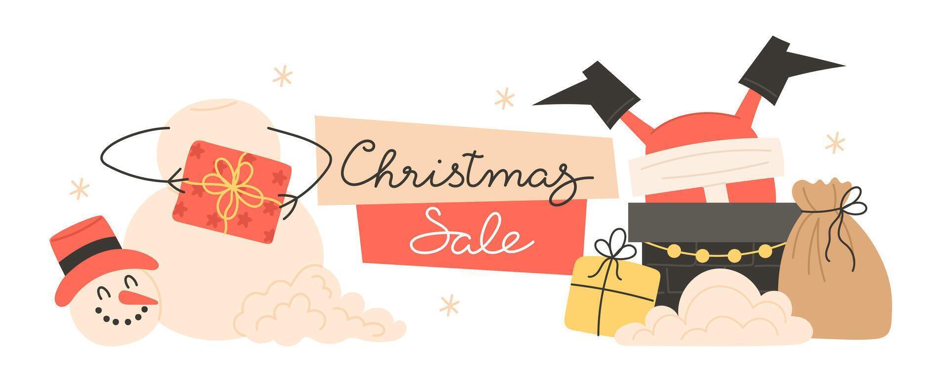 Christmas sale banner with Santa Claus popping out of the chimney and a snowman standing nearby vector