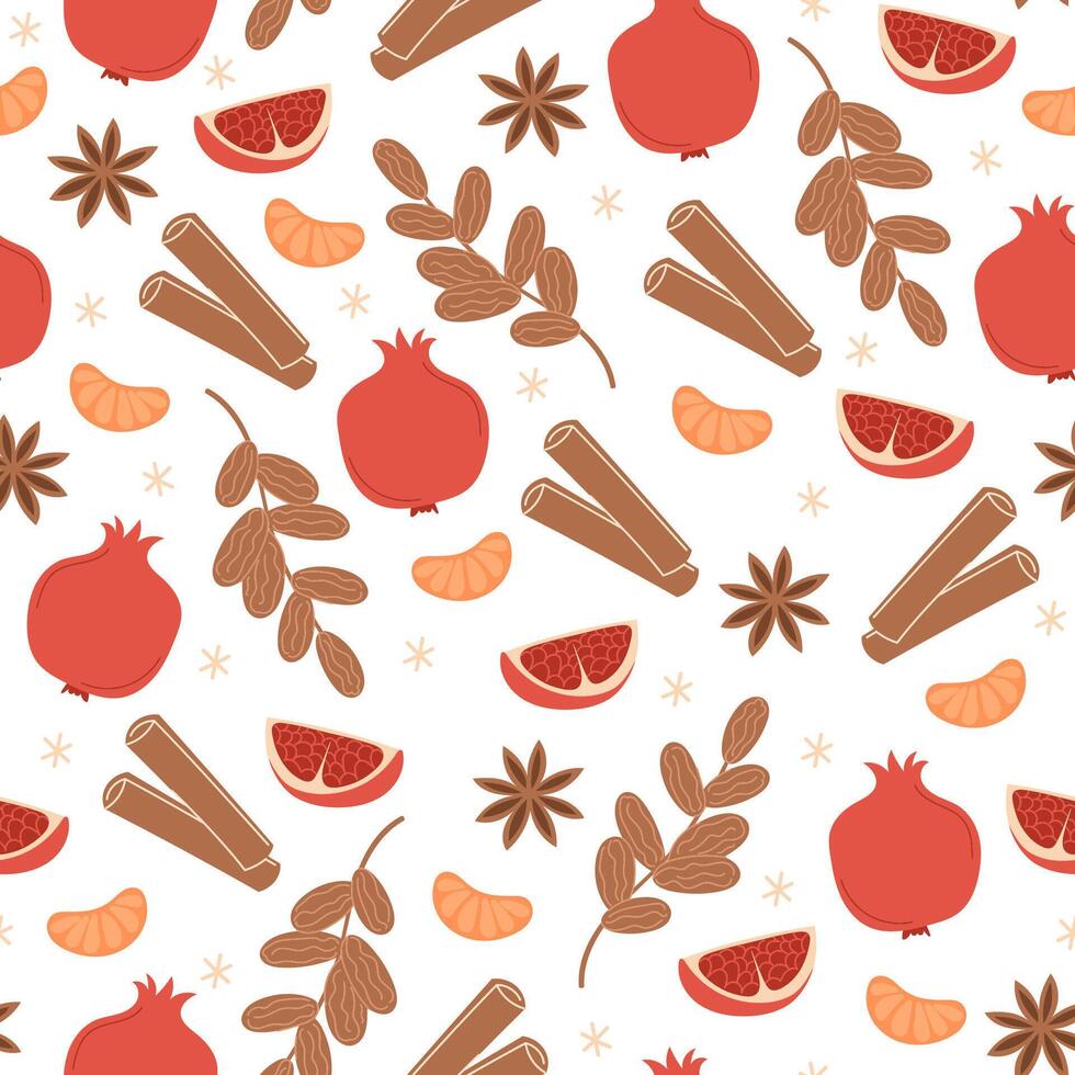 Christmas seamless pattern with winter fruits, pomegranate, tangerine, dates, cinnamon, and anise vector