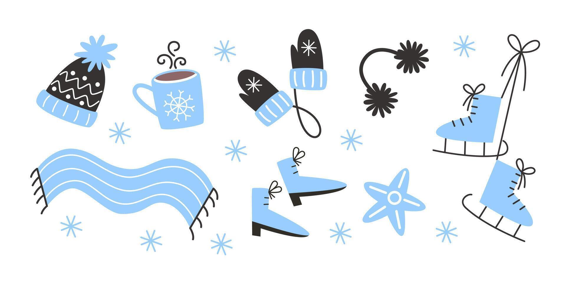 Set of warm winter items hats, gloves, scarf, boots, and mittens vector