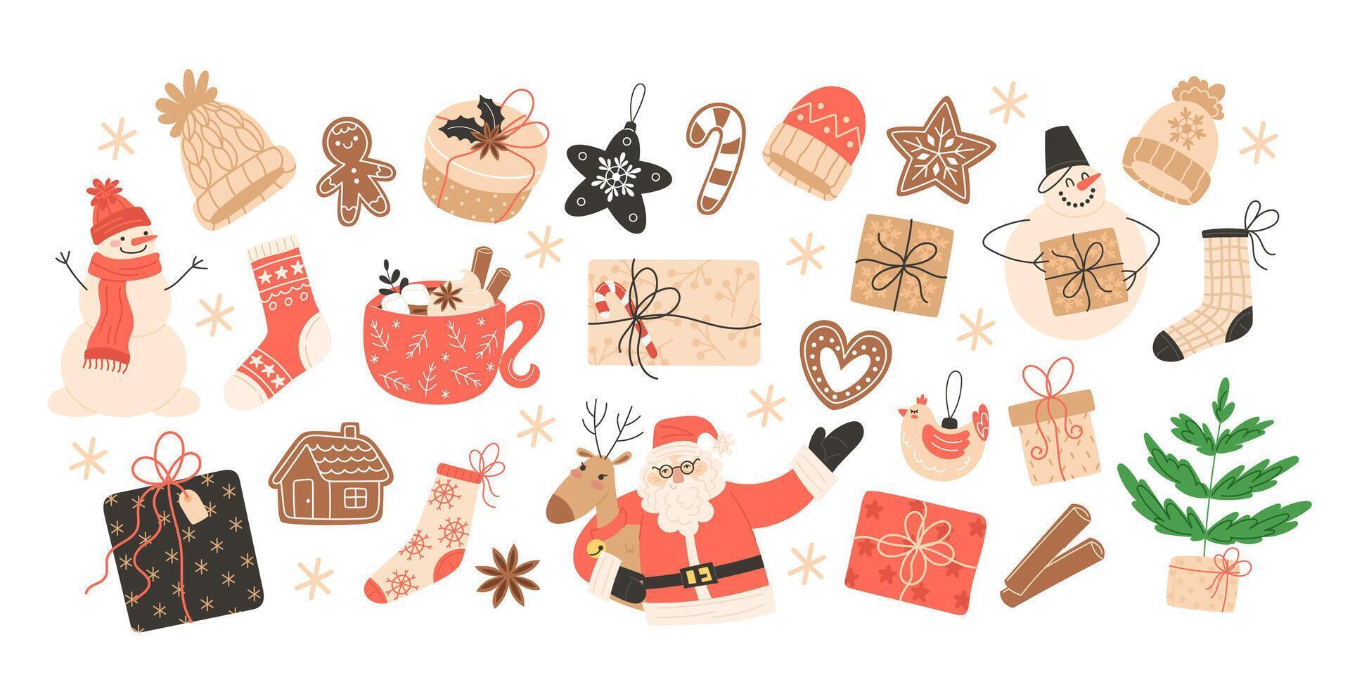 Christmas elements set with holiday characters, treats, and decorations vector