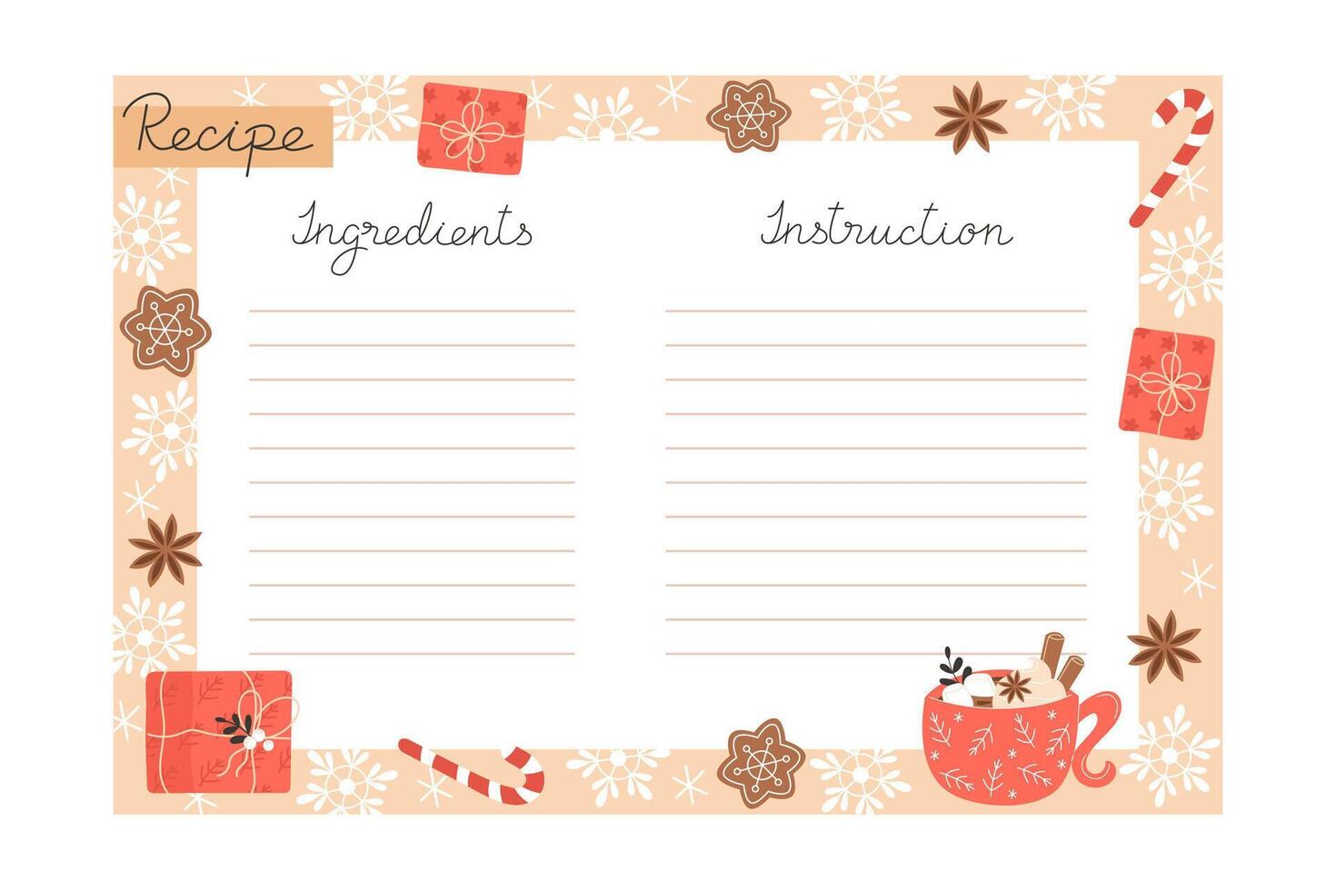 Blank recipe card for Christmas cookies with gingerbread and a spiced cocoa illustration vector
