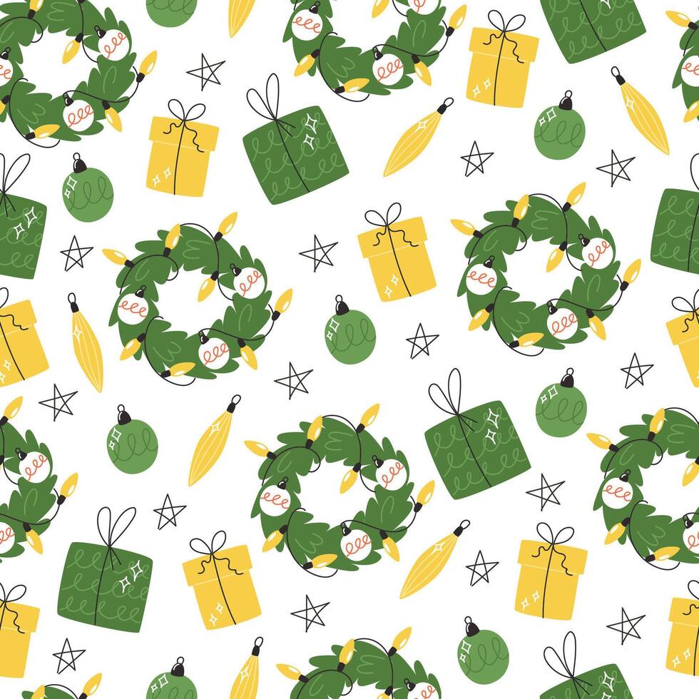 Christmas seamless pattern with wreaths, gift boxes, and tree ornaments vector