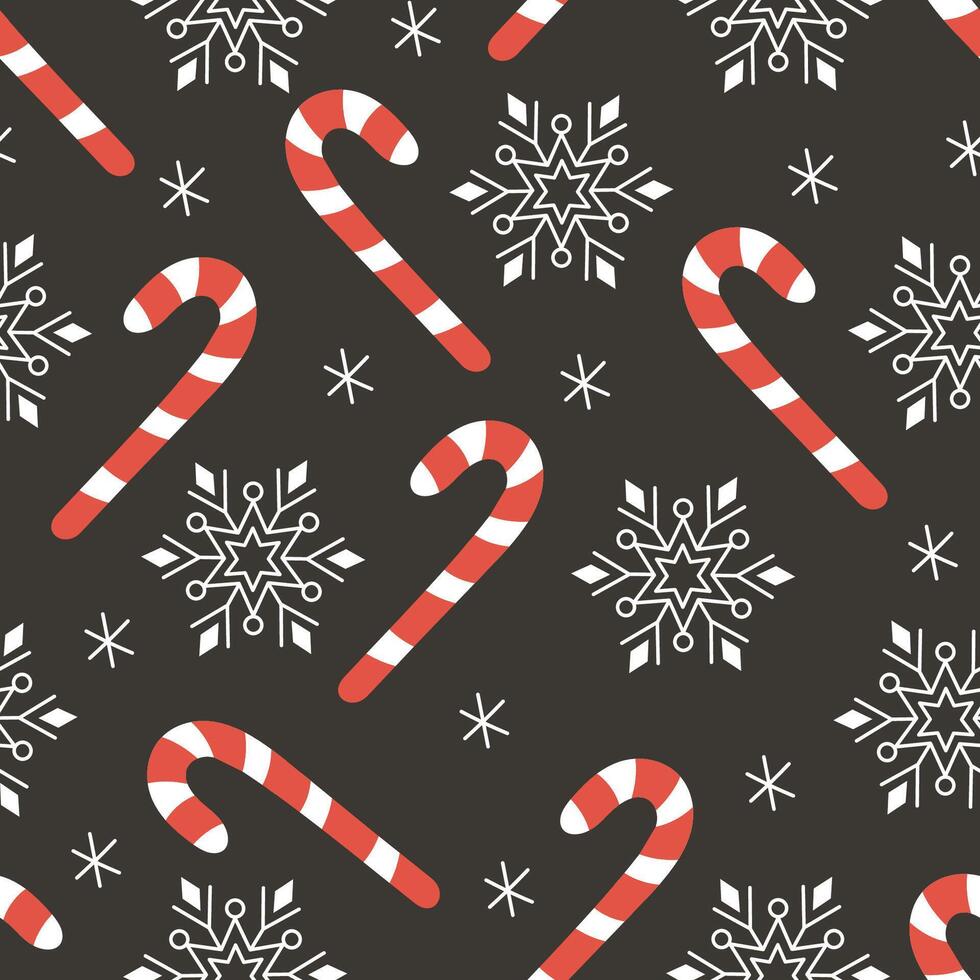 Christmas seamless pattern with red and white candy canes, snowflakes on a dark background vector