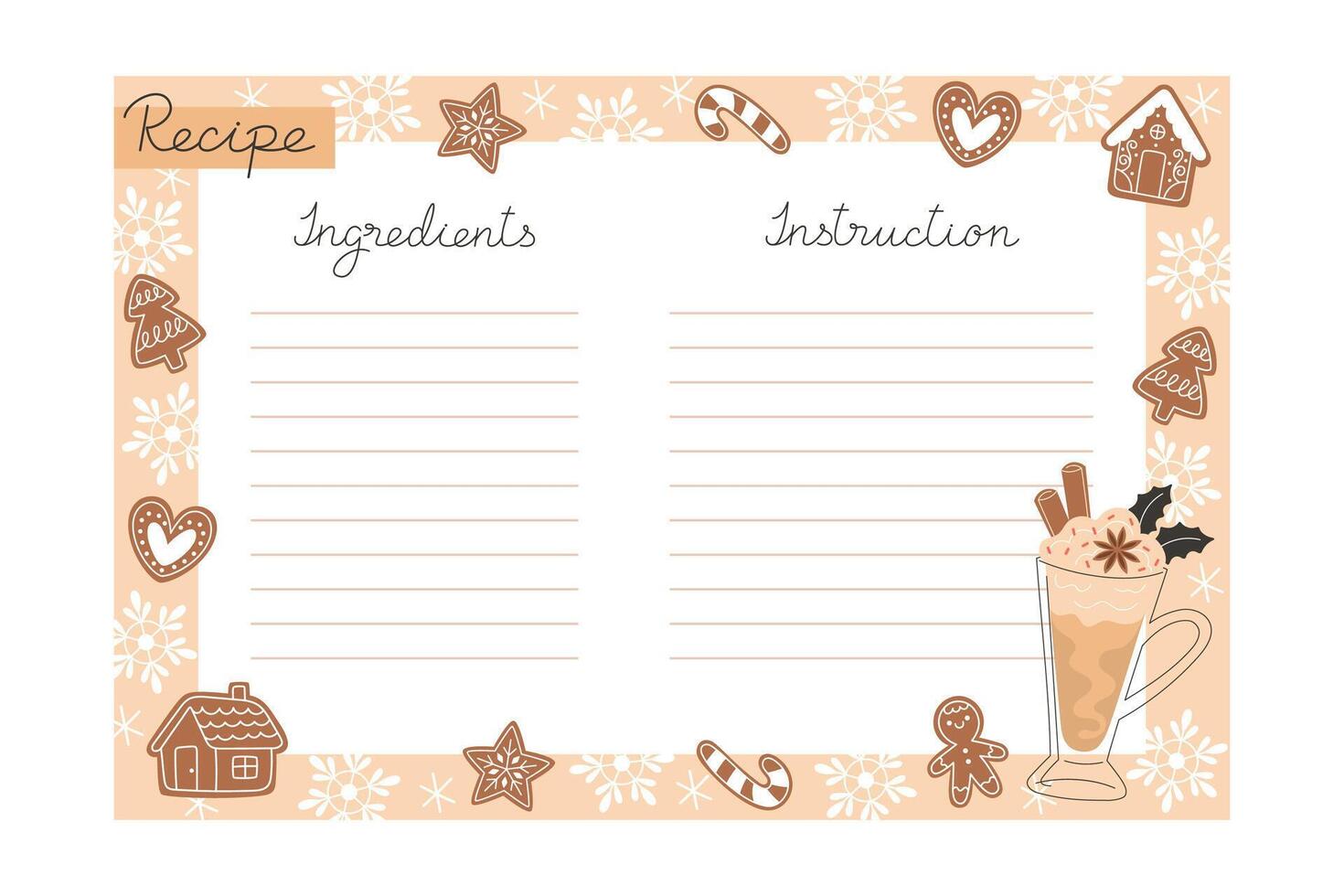 Blank recipe card for Christmas cookies with gingerbread, snowflakes, and a spiced latte illustration vector