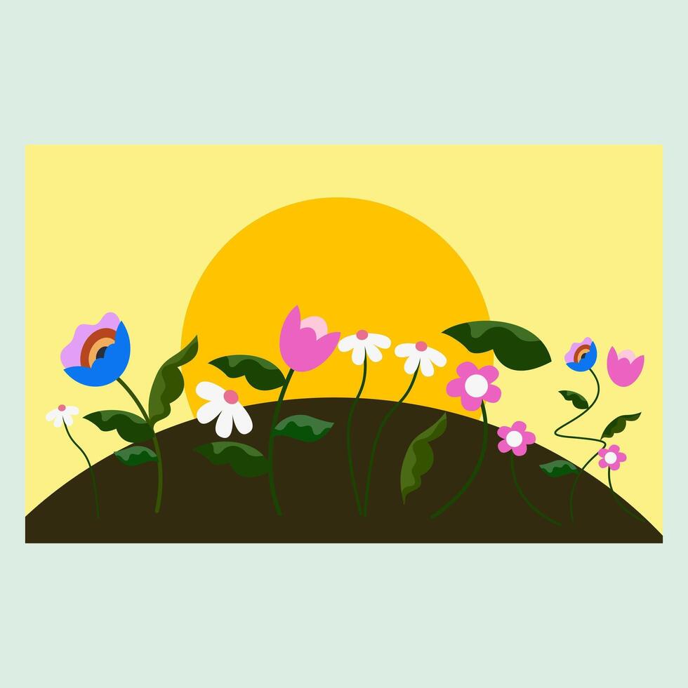 A vibrant sunset casts a warm glow over a field of cheerful flowers vector