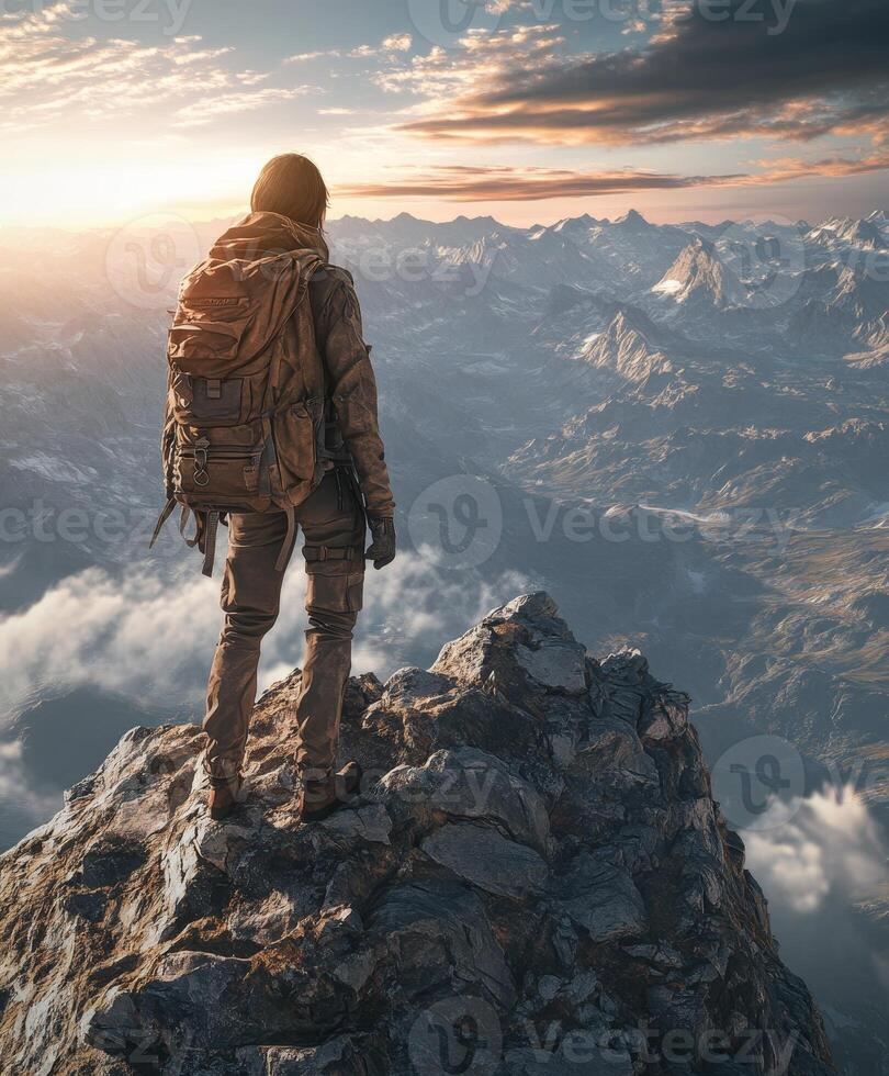 A man with a backpack standing on top of a mountain photo