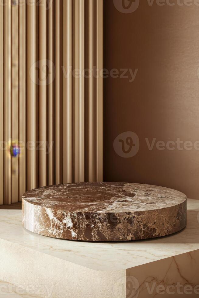 An elegant marble podium with a brown surface, perfect for high-end product displays and presentations. The luxurious background enhances the sophisticated look photo