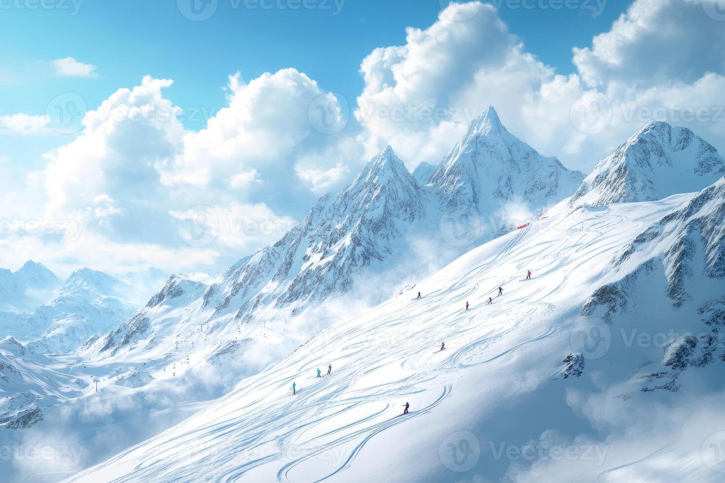 Snowy mountains with skiers on top of them photo