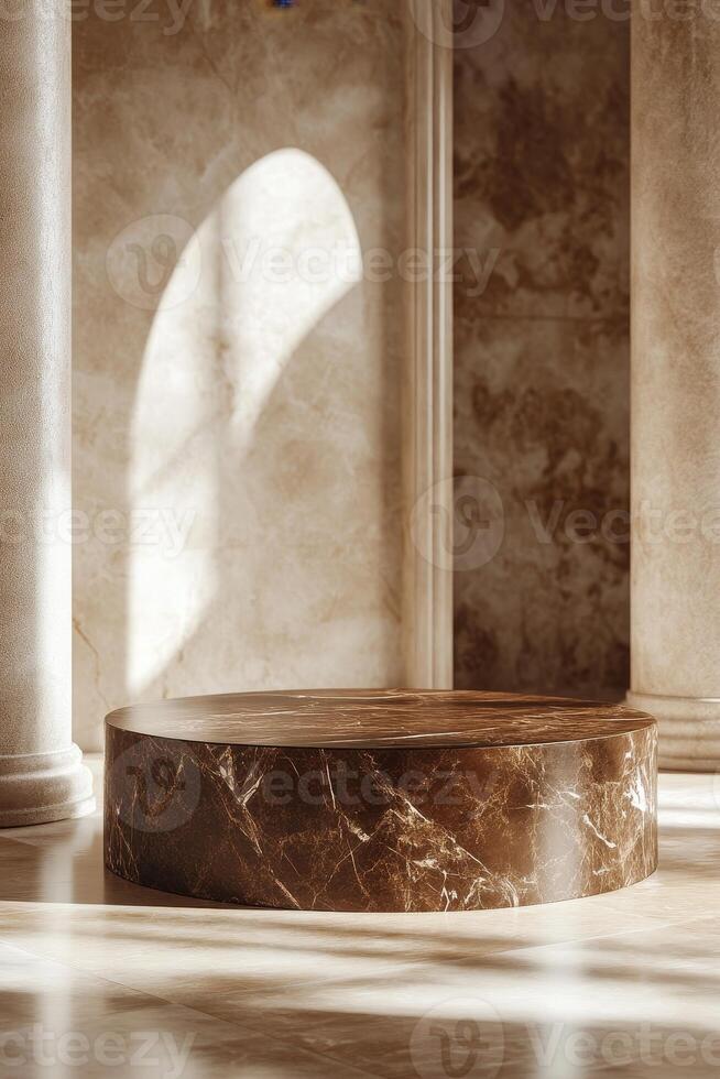 An elegant marble podium with a brown surface, perfect for high-end product displays and presentations. The luxurious background enhances the sophisticated look photo