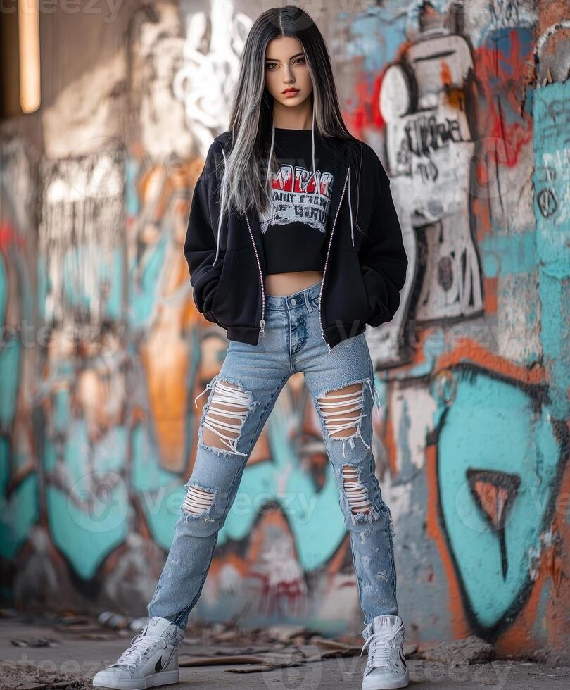 A young woman in trendy streetwear poses confidently against a colorful graffiti wall. The high-resolution image captures the intricate details of her outfit and the vibrant street art photo