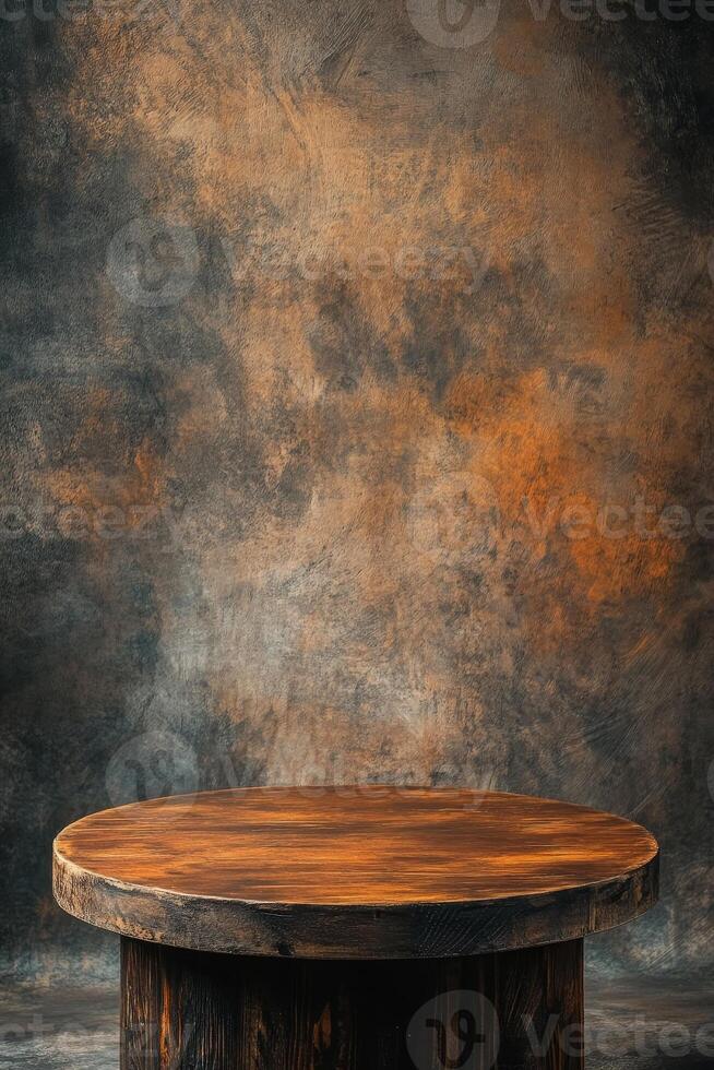 A rustic wooden podium with a brown surface, perfect for showcasing products or presentations. The textured background adds a touch of warmth and character photo