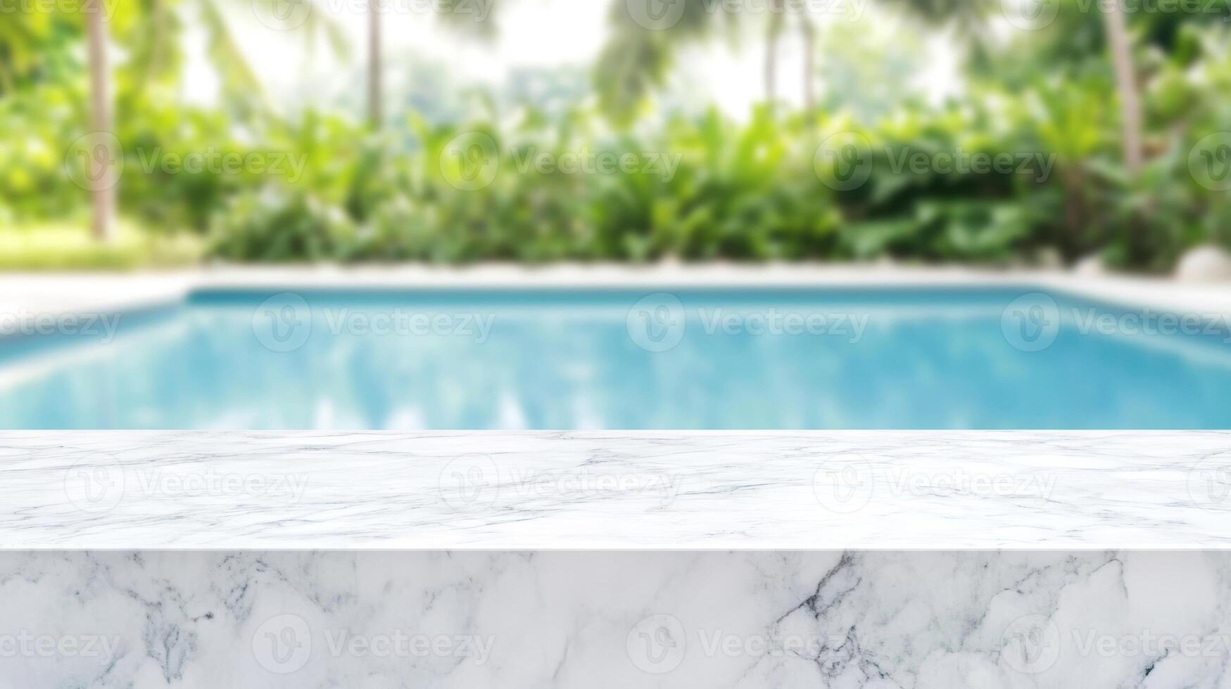white marble top with blurred empty Swimming pool background can be used for mocking up or display product to make advertising photo