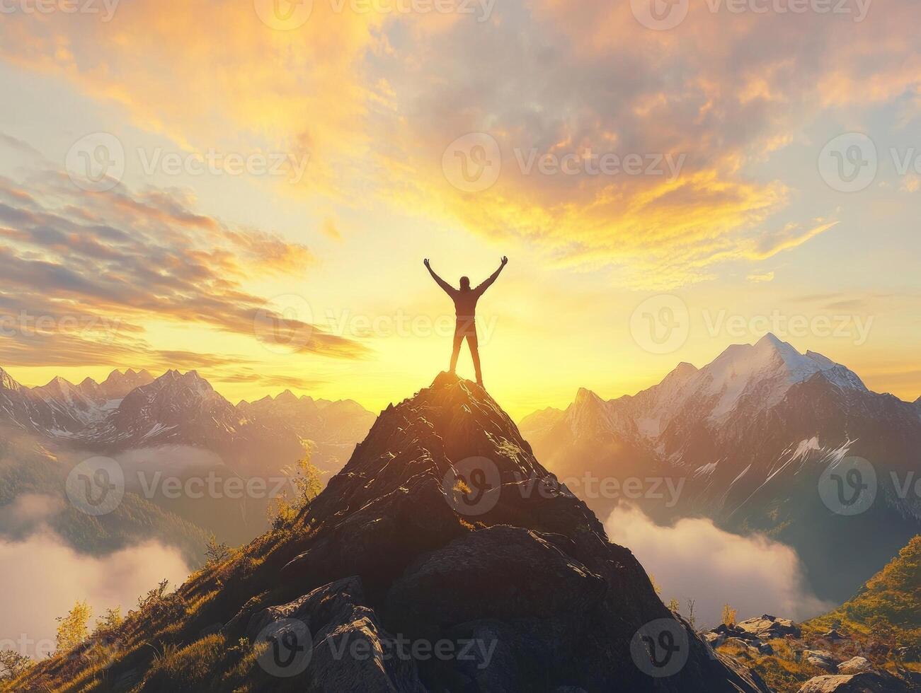 A man standing on top of a mountain with his arms raised photo