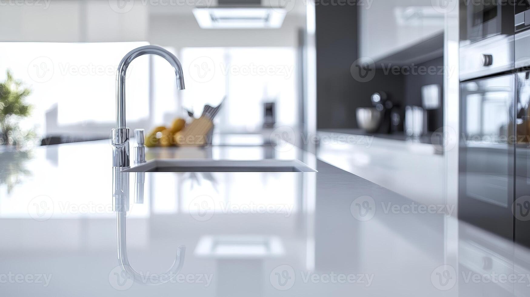 A sleek and modern kitchen counter featuring stylish appliances and decor. Ideal for e-commerce websites needing a sophisticated and contemporary background with plenty of copy space photo