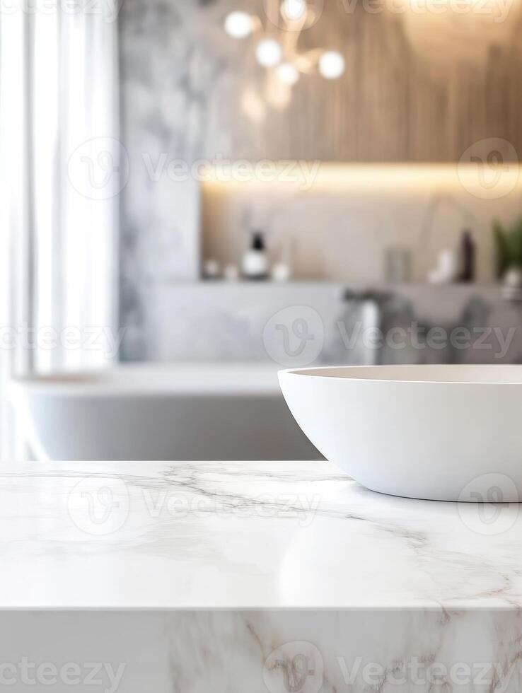 For product display, an empty marble top table with a blurred background of a bathroom photo