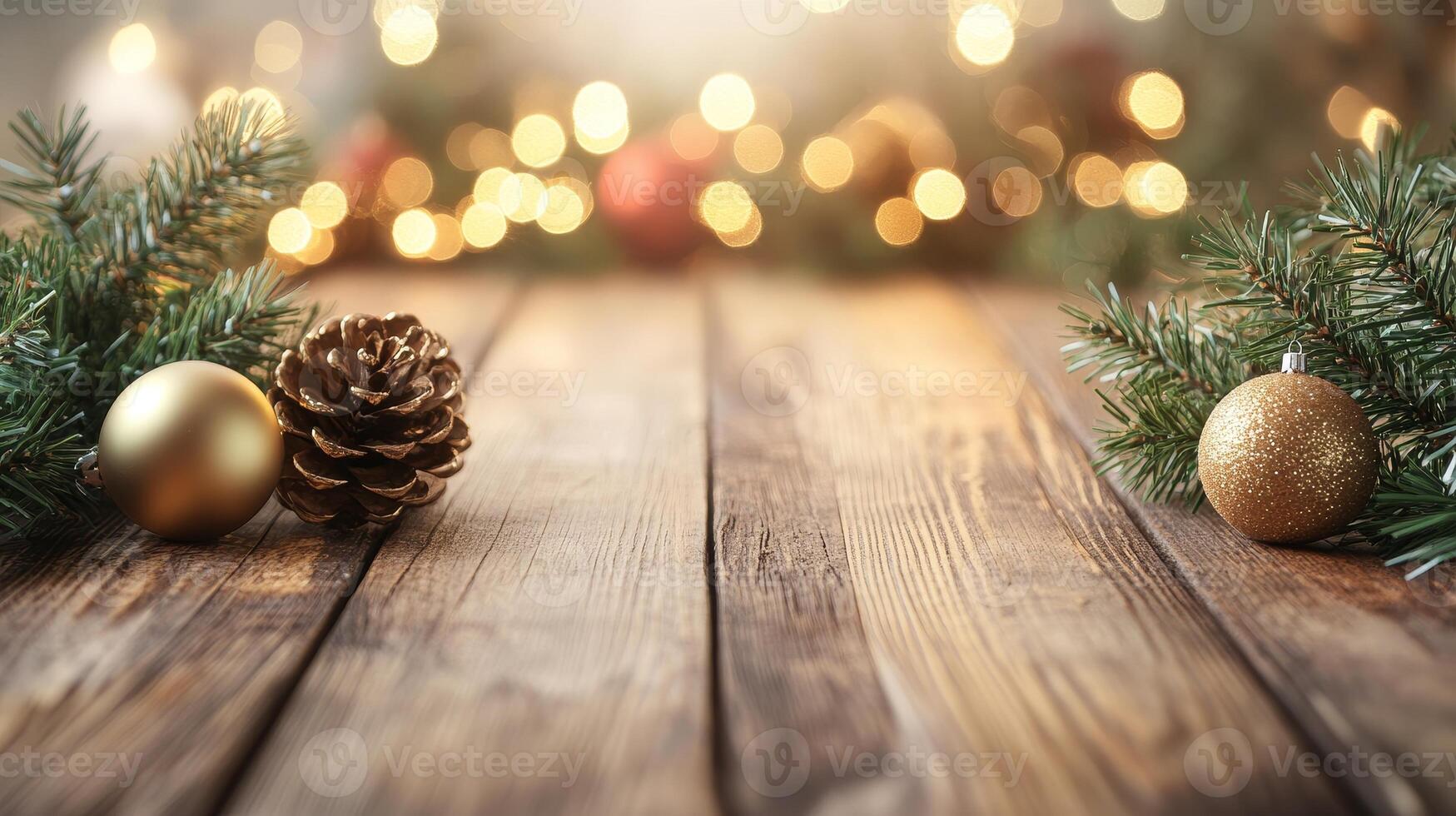 An empty wooden table with pleasant illumination and seasonal decorations blurred in a very smooth background photo