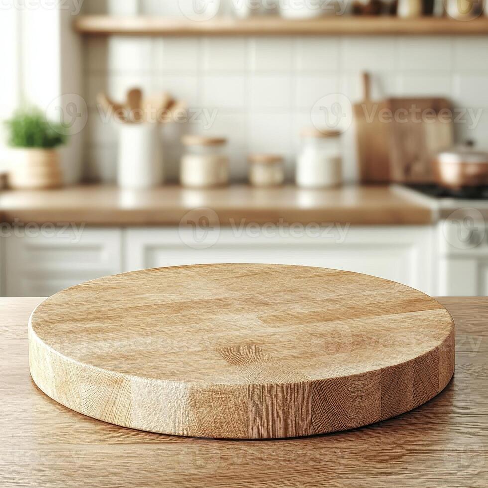 Beautiful round wood tabletop counter inside, empty, with a bright, clean kitchen background. Ideal for banners and product montage displays. photo