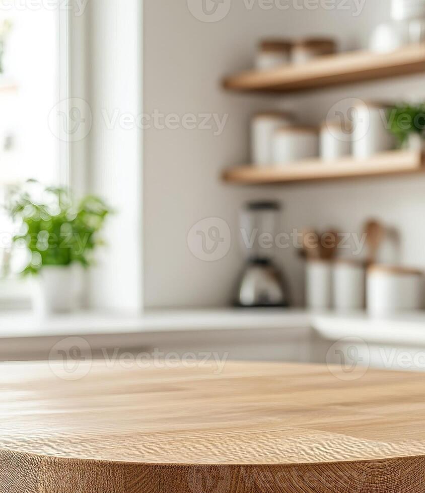 Beautiful round wood tabletop counter inside, empty, with a bright, clean kitchen background. Ideal for banners and product montage displays. photo