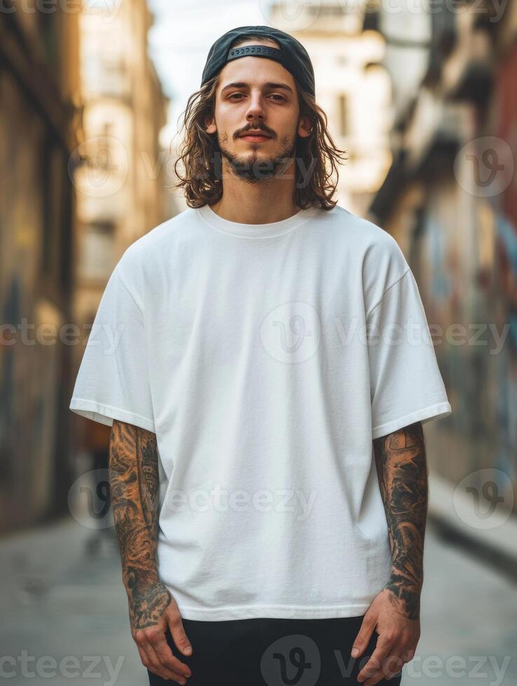 Young man wearing white blank t-shirt mockup, standing on the street photo