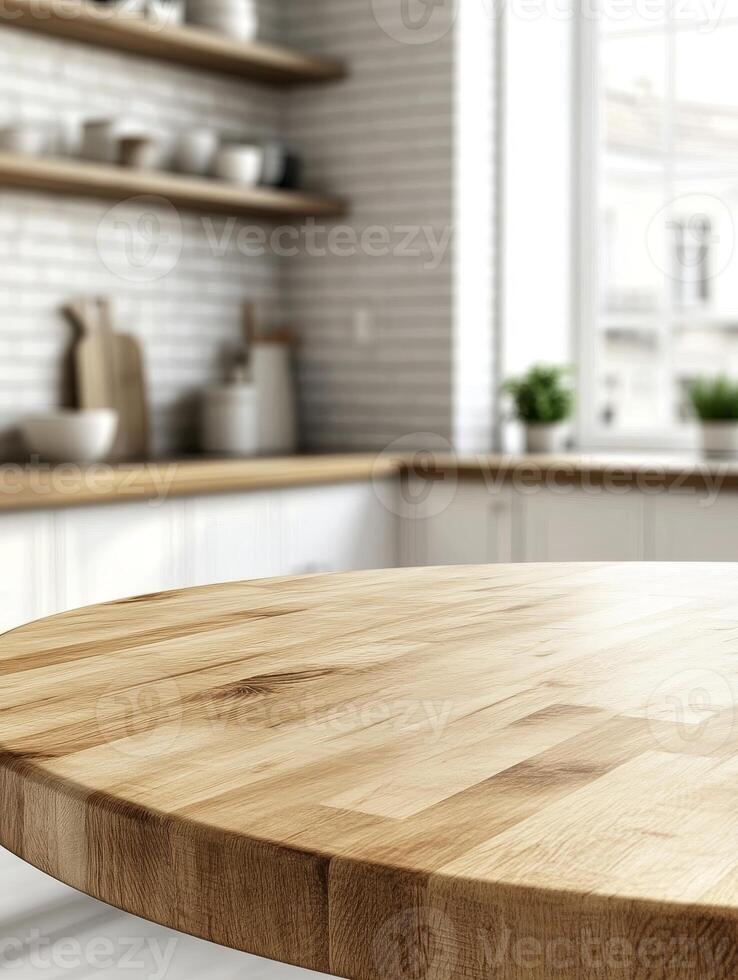 Beautiful round wood tabletop counter inside, empty, with a bright, clean kitchen background. Ideal for banners and product montage displays. photo