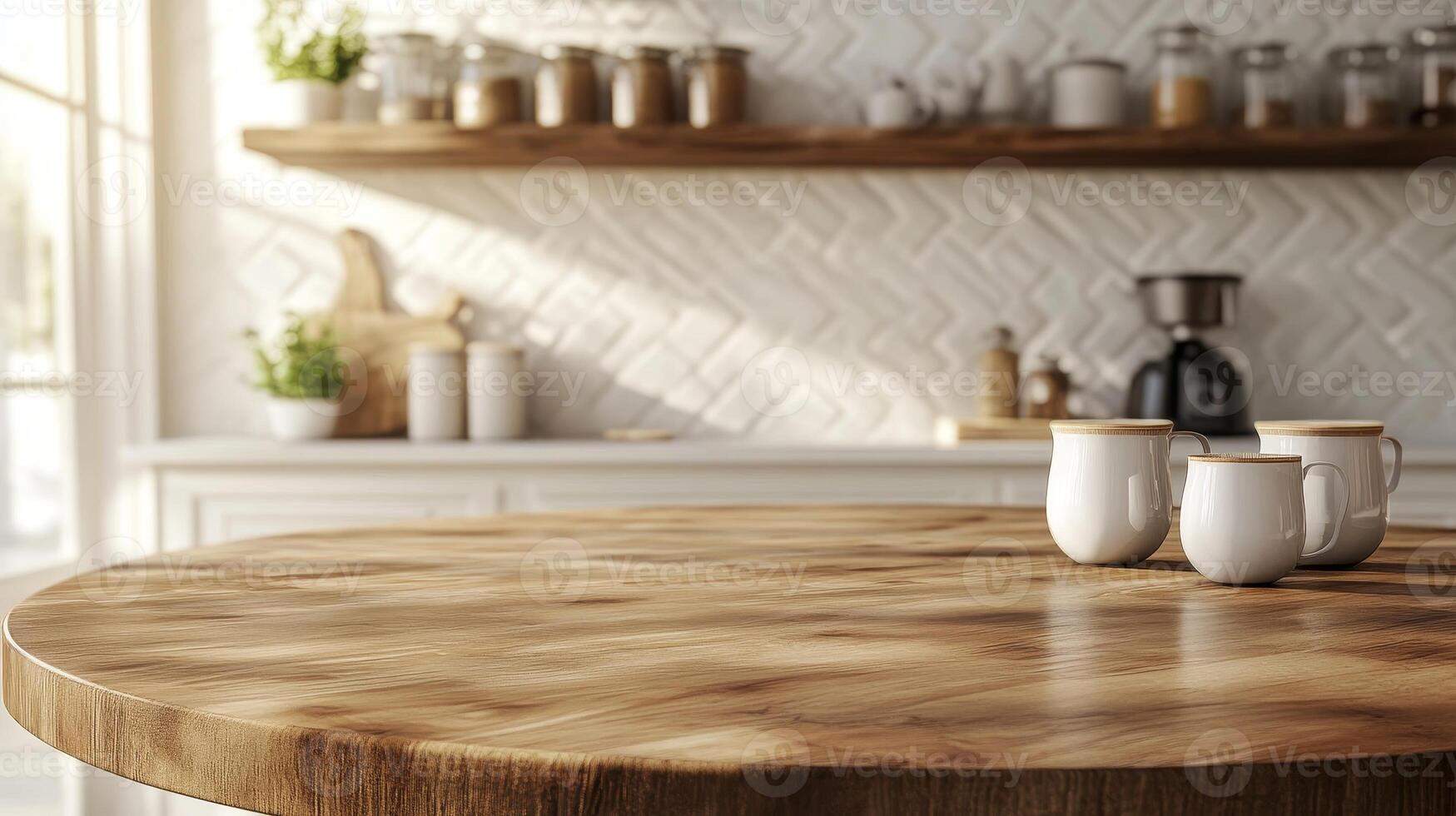 A modern kitchen with a clean and bright background, featuring a round wooden tabletop counter adorned with fresh vegetables. Perfect for product displays and banners photo