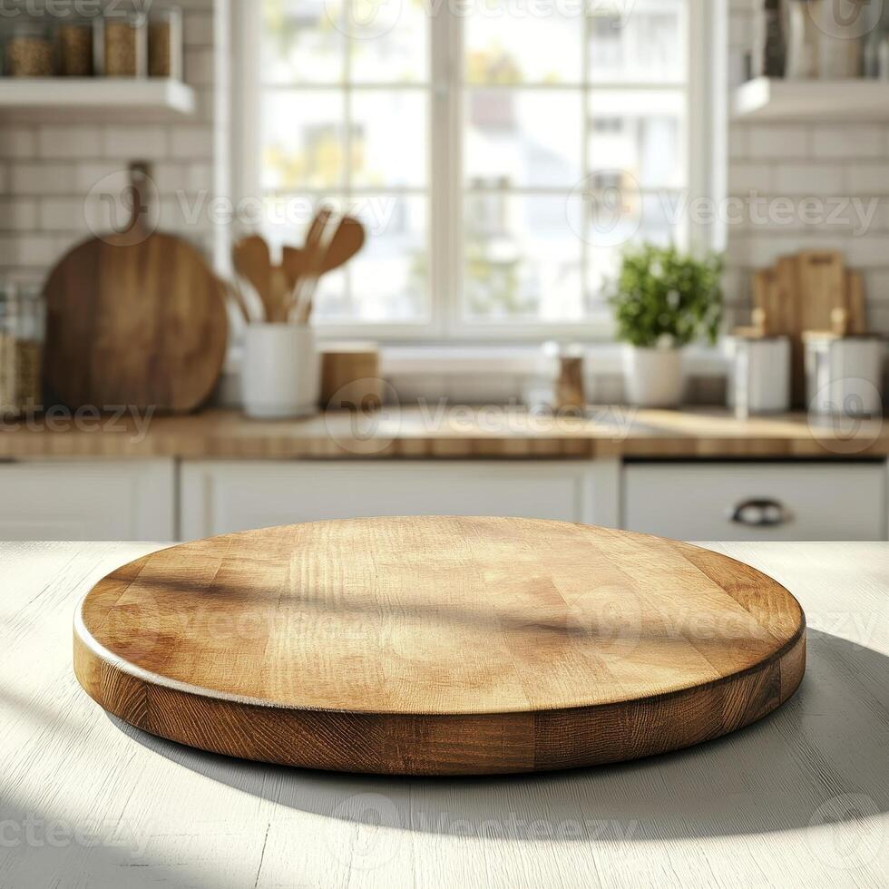 Beautiful round wood tabletop counter inside, empty, with a bright, clean kitchen background. Ideal for banners and product montage displays. photo