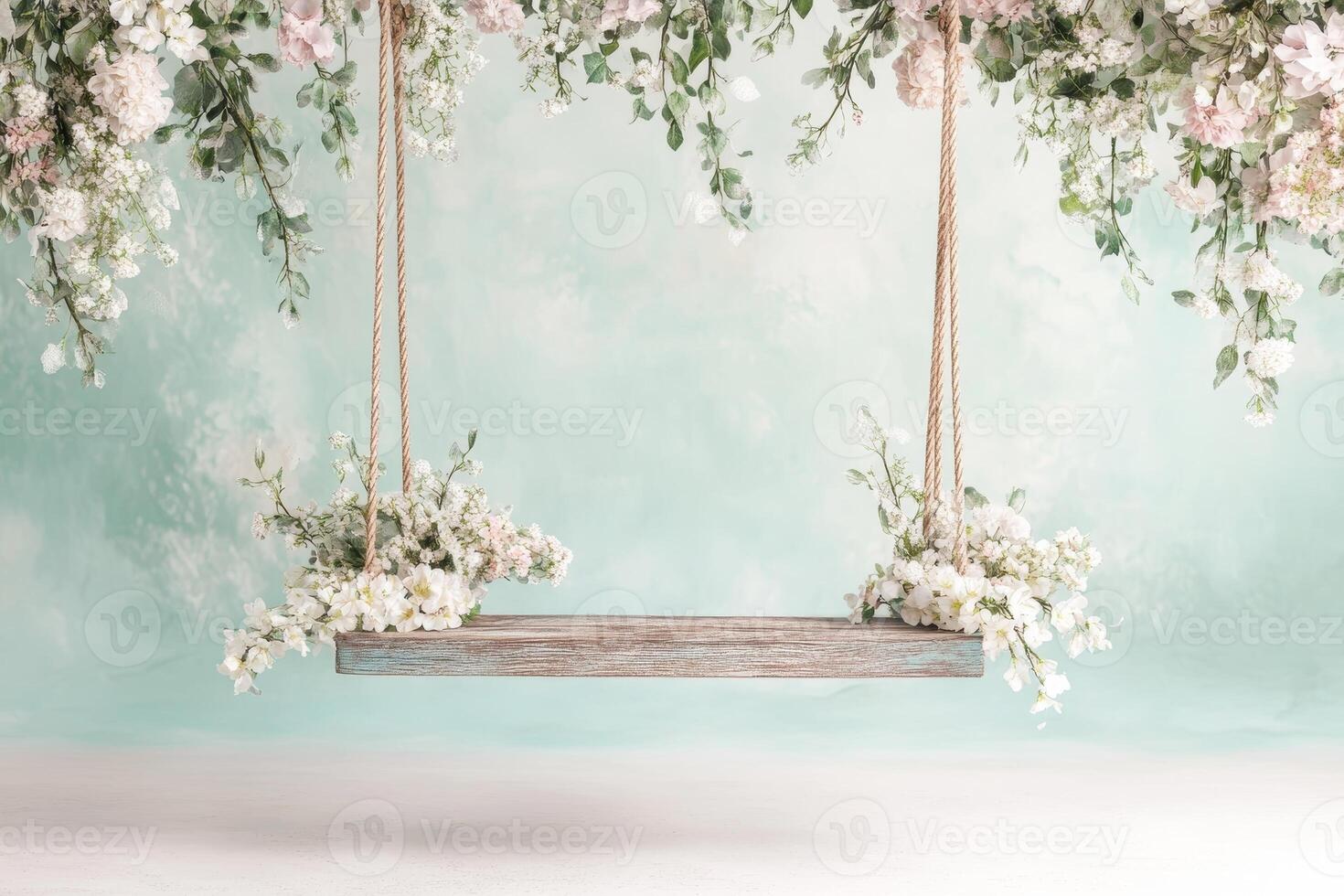 A whimsical digital composite background with a wooden swing adorned with soft floral accents in delicate pastel hues, perfect for newborn photography and text placement photo