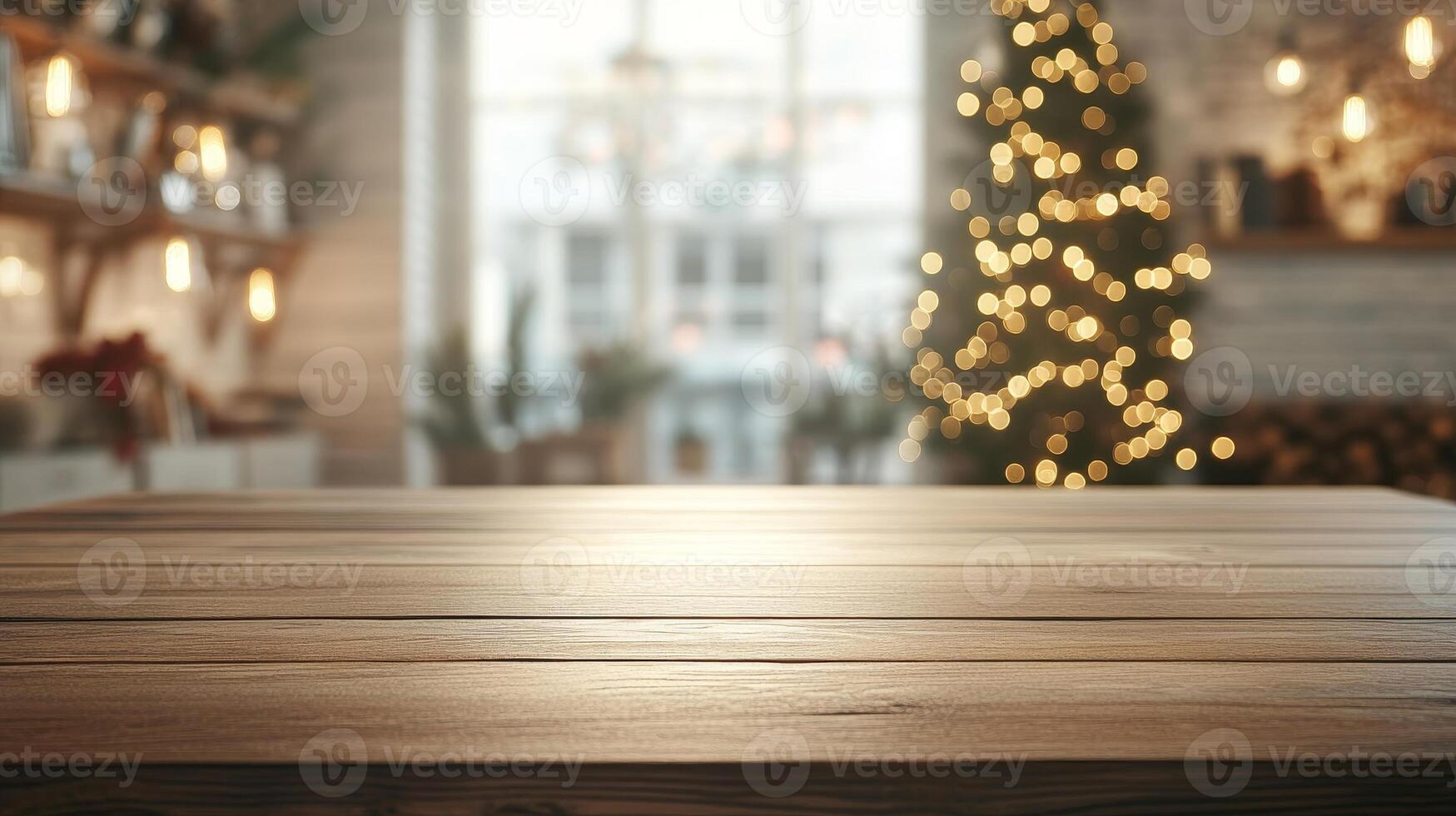 An empty wooden table with pleasant illumination and seasonal decorations blurred in a very smooth background photo