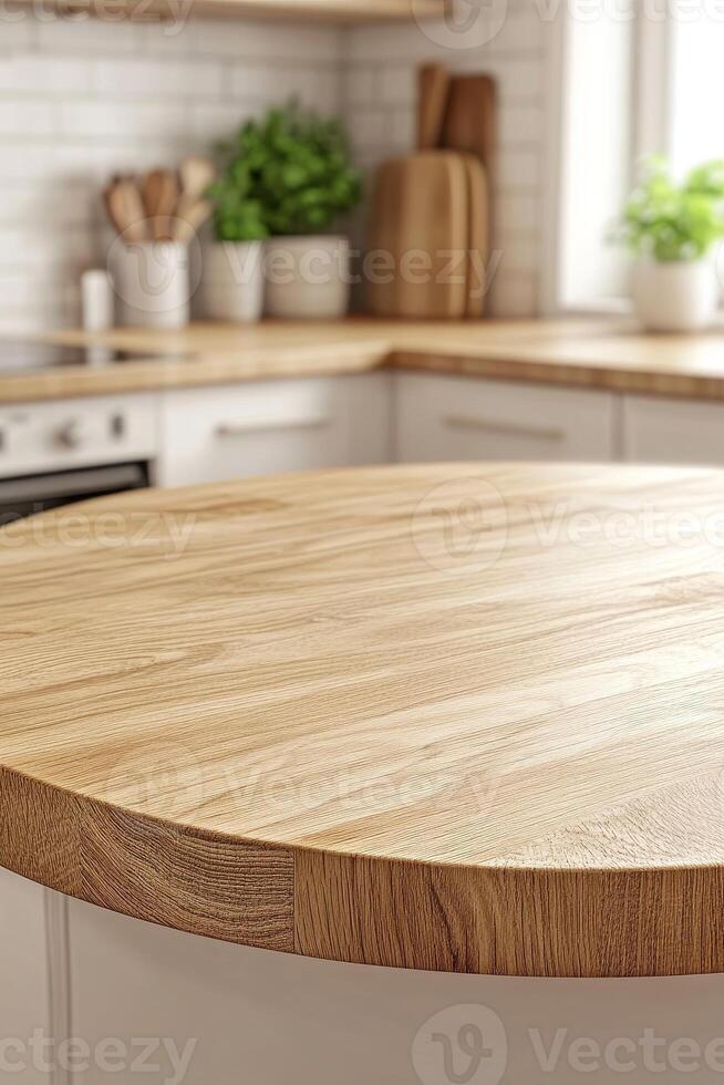 Beautiful round wood tabletop counter inside, empty, with a bright, clean kitchen background. Ideal for banners and product montage displays. photo