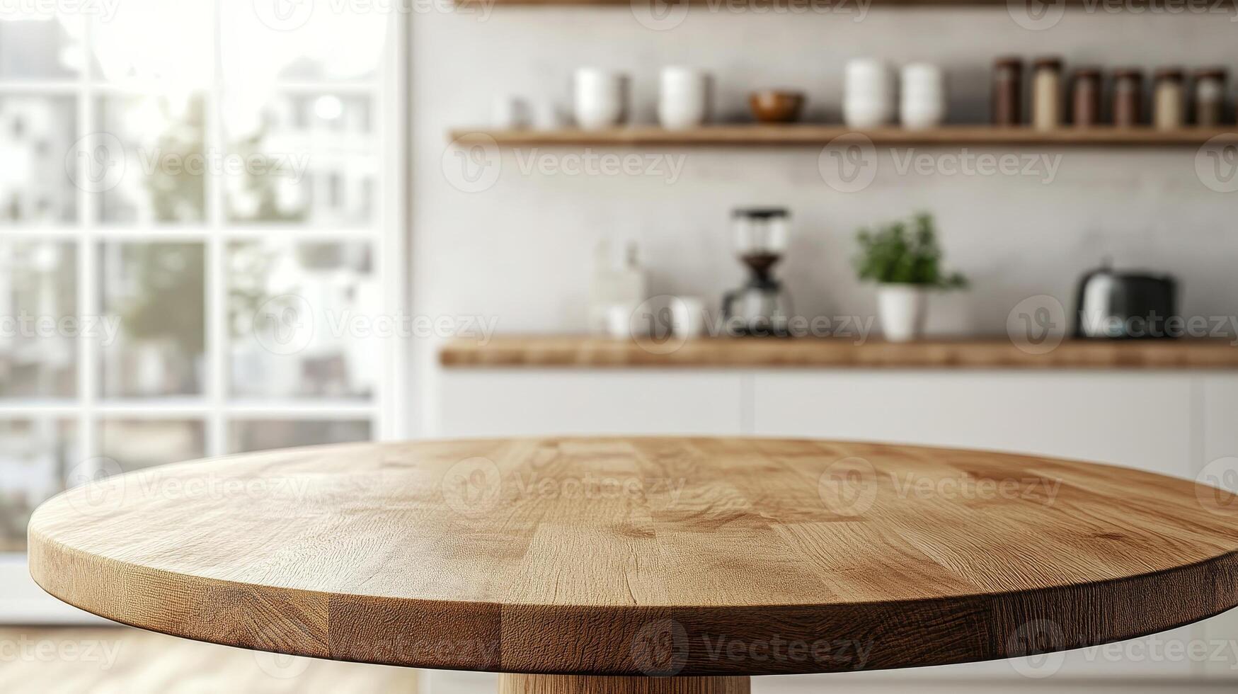 A modern kitchen with a clean and bright background, featuring a round wooden tabletop counter adorned with fresh vegetables. Perfect for product displays and banners photo