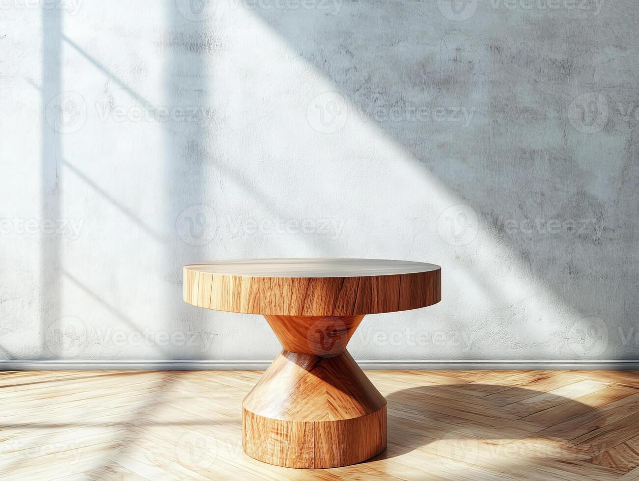 Wooden table with a round base in front of a wall photo