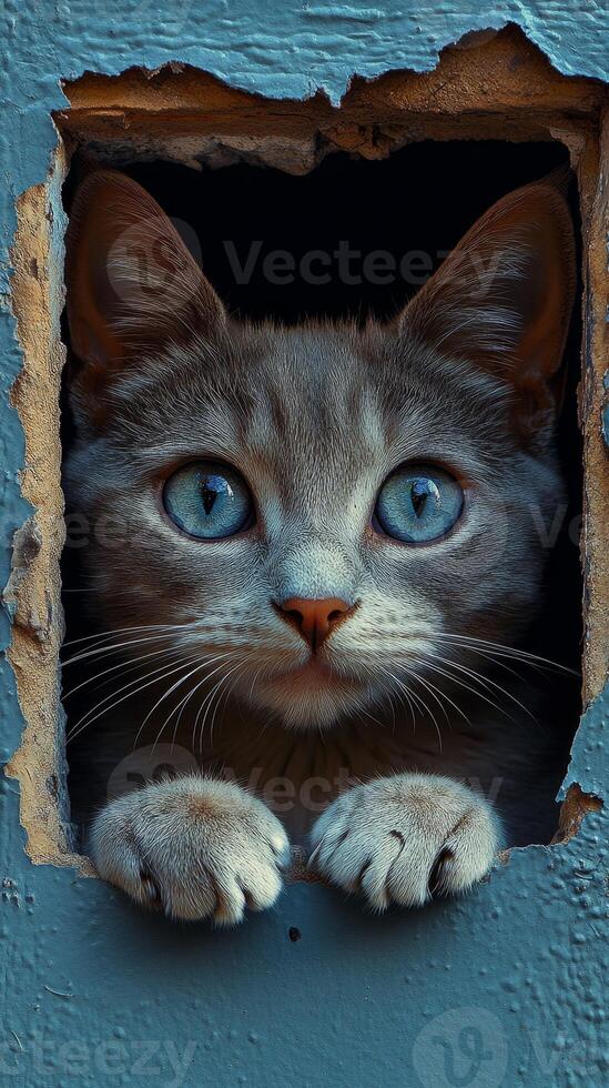 Peeking through a crack in a teal wall is an inquisitive gray cat with big bright blue eyes photo