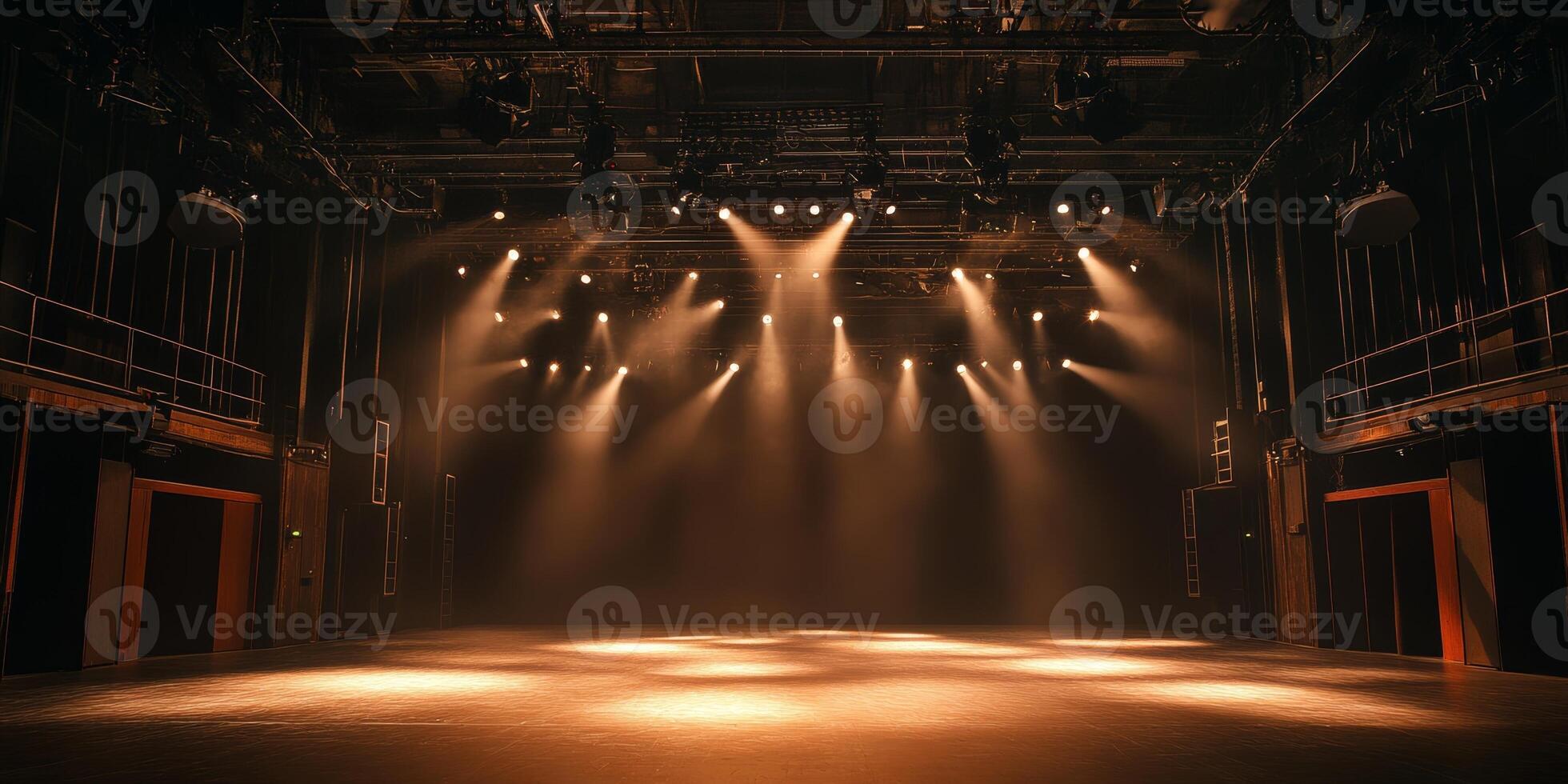 A spectacular lighting design with many spotlights illuminating the stage floor adorns an empty theater stage. A dark background sets the mood and draws attention to the stage area photo