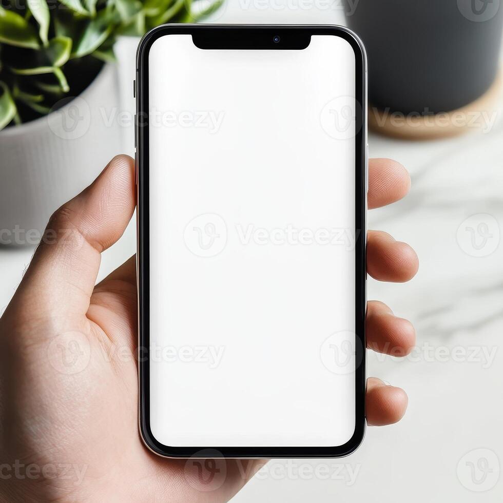 mockup of a blank white cell phone screen. texting while holding a mobile device at an office workstation. background void for advertising. work personnel in contact photo