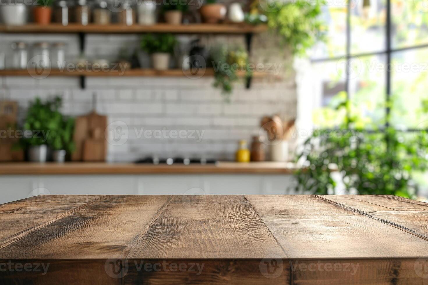 Product montage space on a wooden tabletop with a hazy interior background of a kitchen counter photo