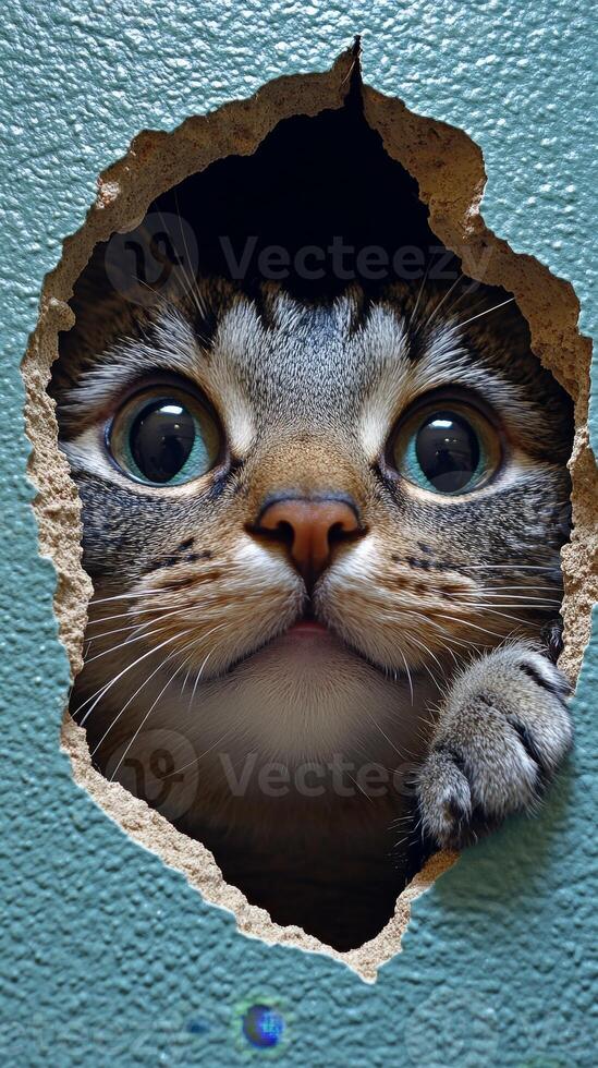 Peeking through a crack in a teal wall is an inquisitive gray cat with big bright blue eyes photo
