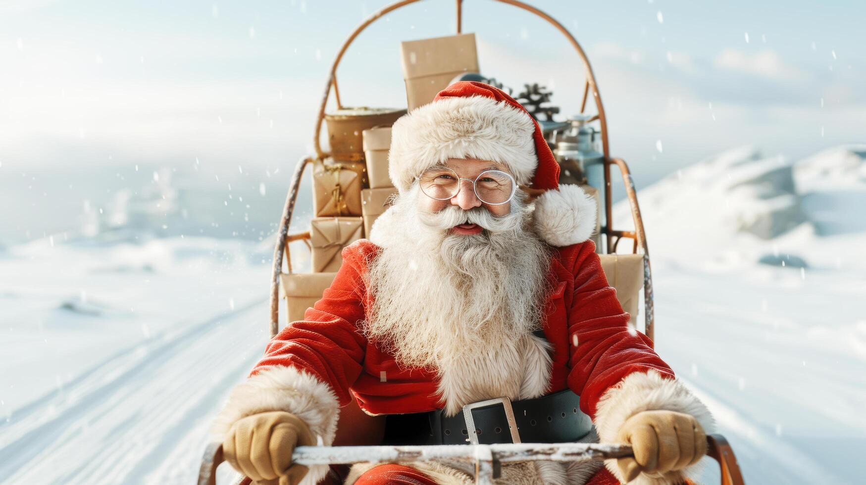 Smiling Santa Claus ridding herd of reindeer for delivering Christmas pastel gift box in snowfall and snowflake on the mountain for celebration on merry christmas and new year festival holiday photo