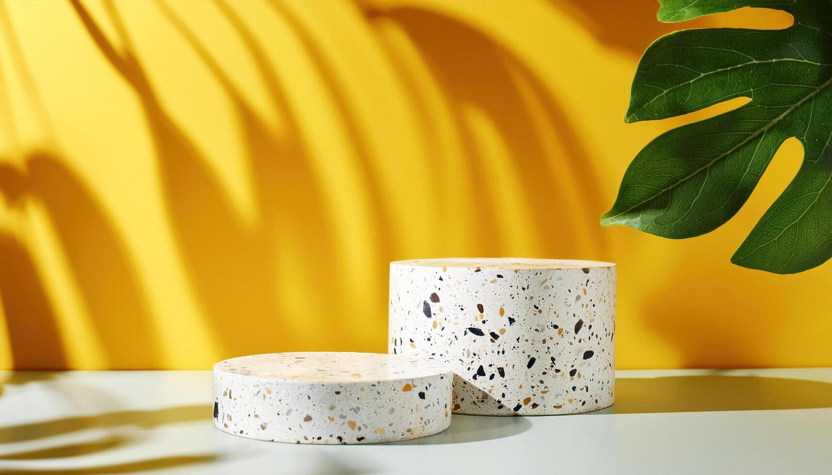 3d rendering white marble stone podium platform for social media cosmetic product showcase on geometric cylinder shapes and yellow background in natural sunlight with palm leaf photo