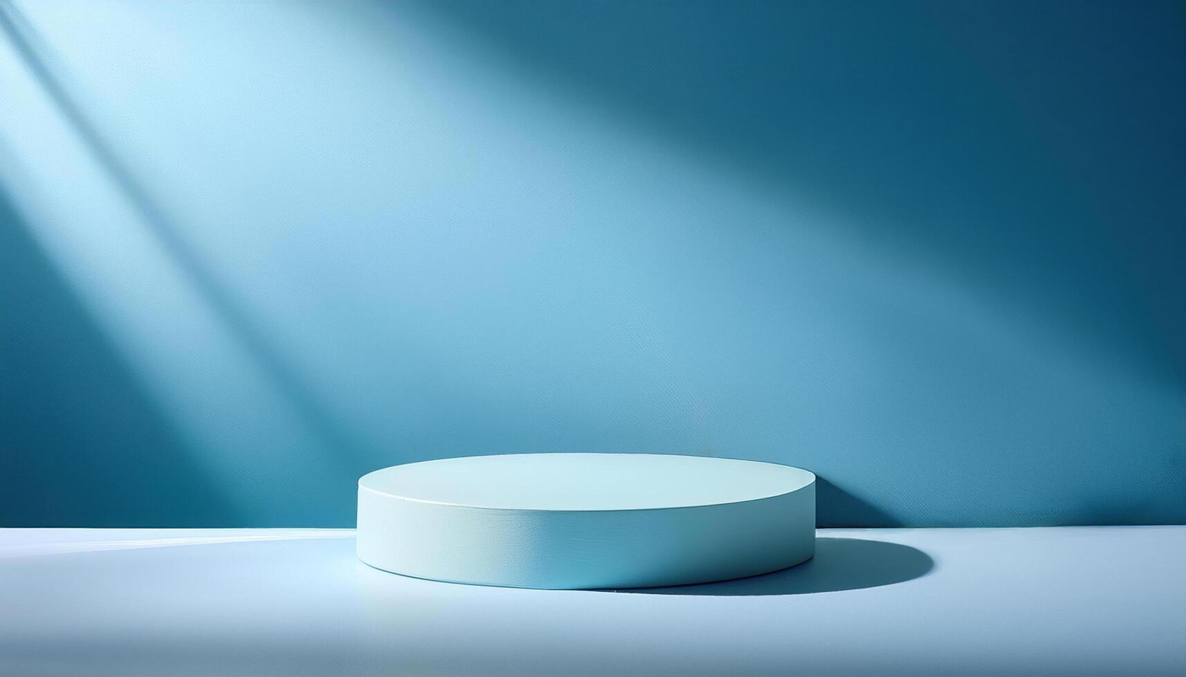 3d rendering pastel blue of podium platform for social media cosmetic product showcase on blue geometric cylinder shapes and background in natural sunlight for sea concept photo