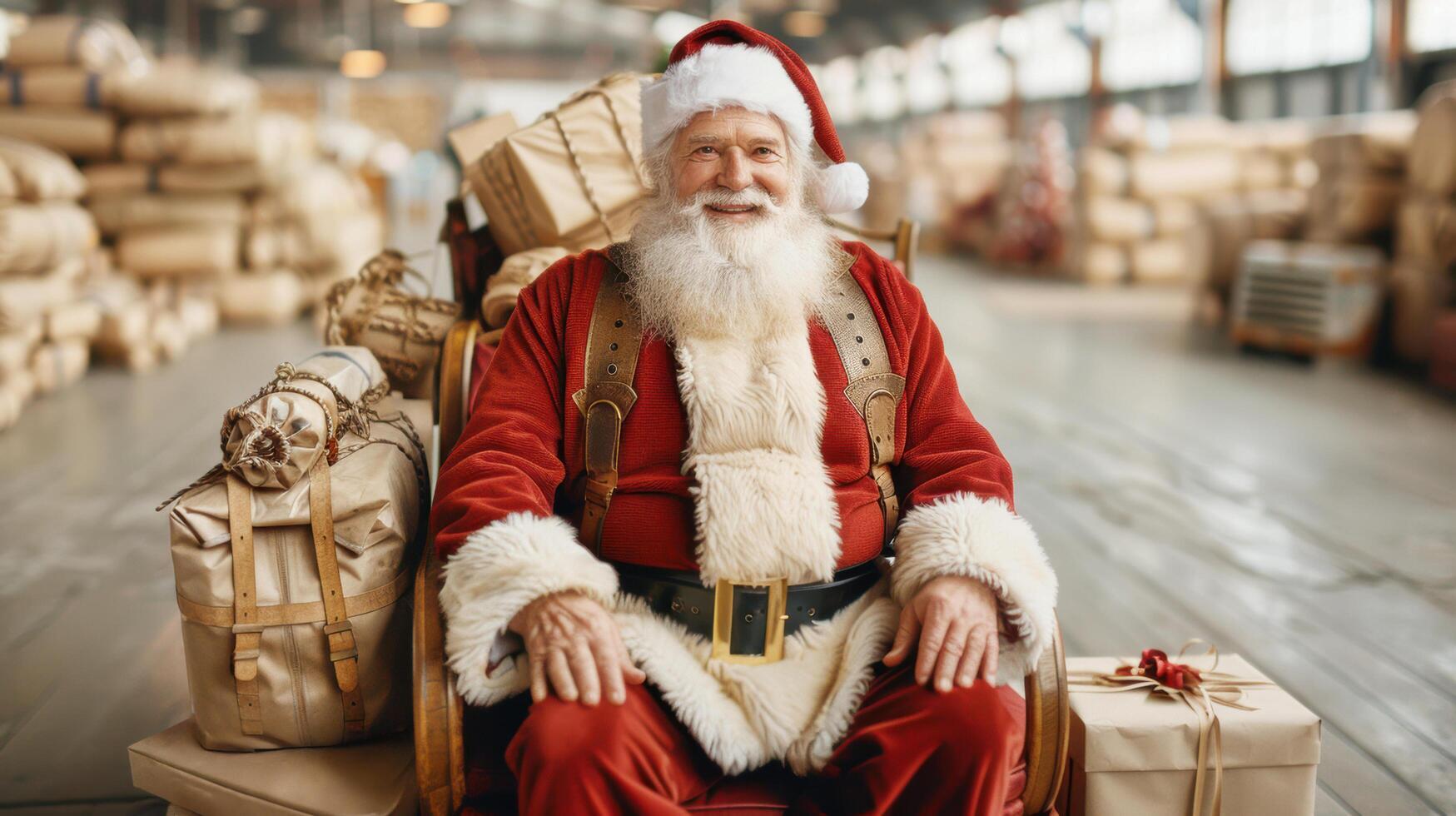 Santa Claus sitting with Christmas present box in gift storage room of hall for delivery to people at night on celebration on merry christmas and new year festival holiday photo
