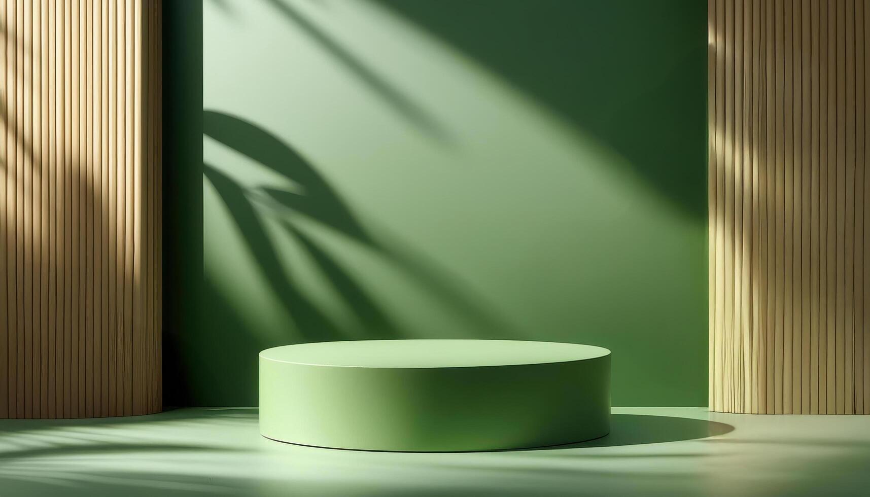 3d rendering green podium platform for social media cosmetic product showcase on geometric cylinder shapes and wooden background in natural sunlight with palm leaf. Christmas holiday photo