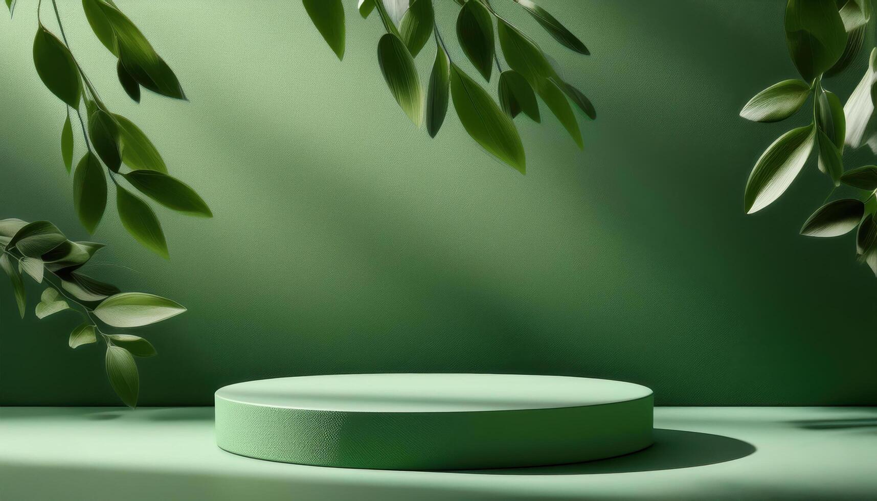 3d rendering pastel green podium platform for social media cosmetic product showcase on geometric cylinder shapes background in natural sunlight with plant and tropical leaf. Christmas holiday photo